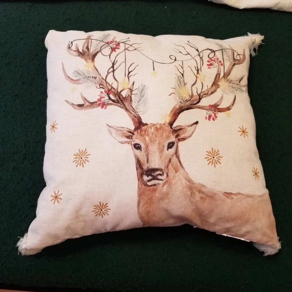 Holiday Stag Deer Throw Pillow Watercolor Christmas Antler Lights Tassel Square